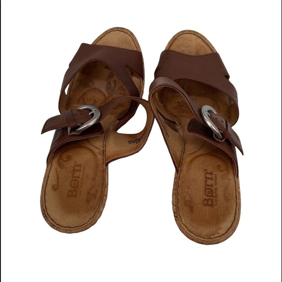 Born Brown Leather Cork Wedge Platform Slip On Sandals Size 9 Women's - Picture 5 of 9